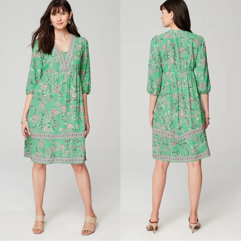 J. Jill Border Printed Flounced Hem Dress Green Garden Floral Boho Lagenlook XSP